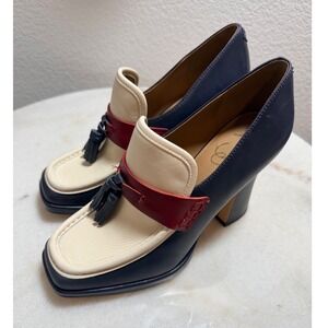 Sam Edelman Womens Jed Leather Platform Tassel Loafer Block Heel  Navy Cream 8.5